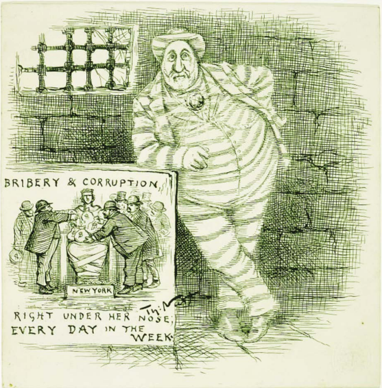 Political cartoon by Thomas Nast showing a large figure in prison stripes representing Boss Tweed, with a smaller scene showing bribery and corruption in New York